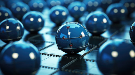 A group of blue spheres sitting on top of a black surface. Generative AI image.の素材