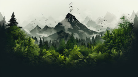 A painting of a mountain with birds flying over it. Generative AI image.の素材