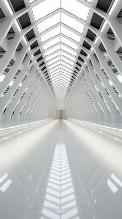 A long white hallway with a skylight above it. Generative AI image.の素材