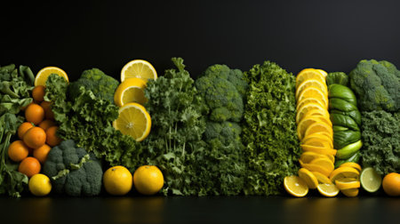 A row of fruits and vegetables on a table. Generative AI image.の素材