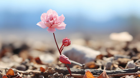 A single pink flower growing out of the ground. Generative AI image.の素材