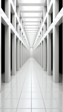 A long hallway with white columns and white tiles. Generative AI image.の素材