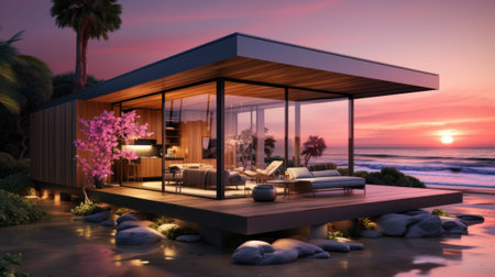 A house on a beach with a sunset in the background. Generative AI image.の素材