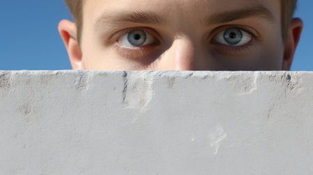 A close up of a person looking over a wall. Generative AI image.の素材