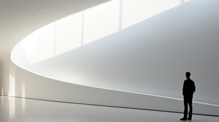 A man standing in a large white room. Generative AI image.の素材