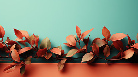 A group of green and red leaves on a wall. Generative AI image.の素材