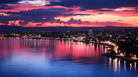 A view of a city at night from a hill. Generative AI image.の素材