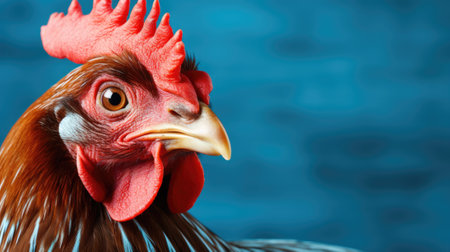 A close up of a roosters head with a blue background. Generative AI image.の素材
