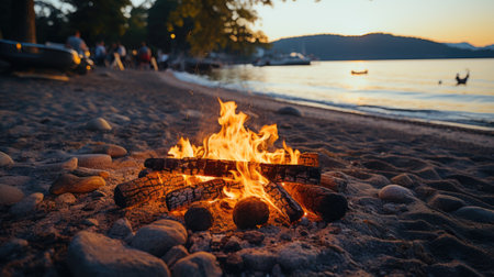 A campfire on a beach with people in the background. Generative AI image.の素材