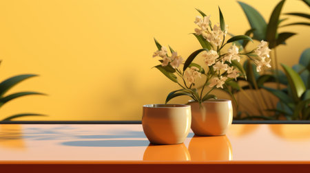 A couple of vases sitting on top of a table. Generative AI image.の素材