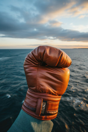 A persons hand holding a brown leather glove over a body of water. Generative AI image.の素材
