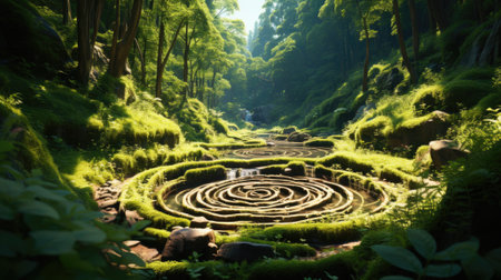 A spiral maze in the middle of a forest. Generative AI image.の素材
