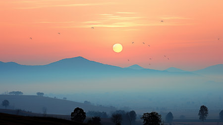 The sun is setting over the mountains in the distance. Generative AI image.の素材