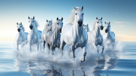 A group of white horses running across a body of water. Generative AI image.の素材