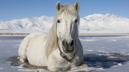 A white horse laying in the snow with mountains in the background. Generative AI image.の素材