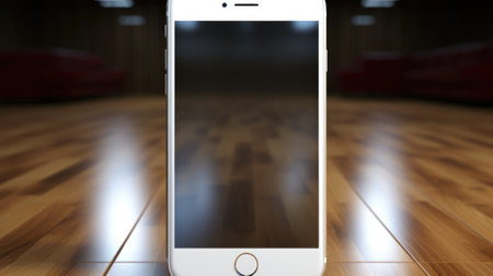 A cell phone sitting on top of a wooden floor. Generative AI image.の素材