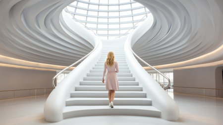 A woman in a pink dress is walking up the stairs. Generative AI image.の素材