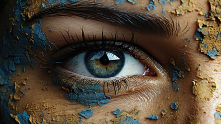 A close up of a persons eye with blue paint on it. Generative AI image.の素材