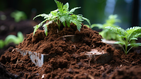 A pile of dirt with a plant growing out of it. Generative AI image.の素材