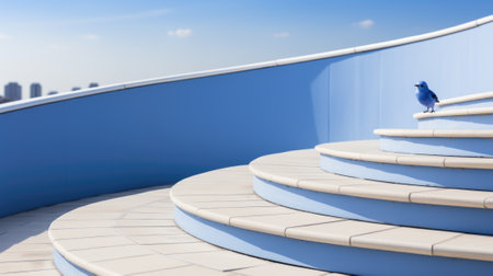 A blue bird sitting on top of a set of stairs. Generative AI image.の素材