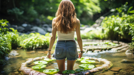 A woman standing in a river with frisbees in her hands. Generative AI image.の素材