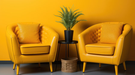 A couple of yellow chairs sitting next to each other. Generative AI image.の素材