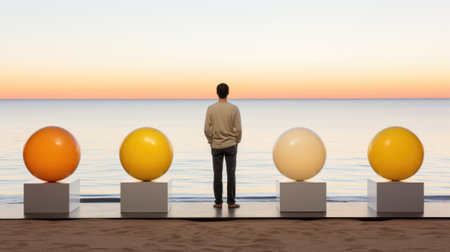 A man standing in front of a row of balloons. Generative AI image.の素材