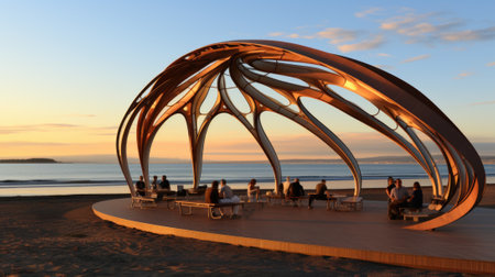 A group of people sitting at tables on a beach. Generative AI image.の素材