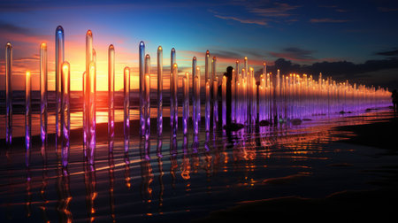 A fountain of water with a sunset in the background. Generative AI image.の素材