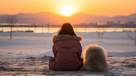 A woman and her dog sitting in the snow. Generative AI image.の素材