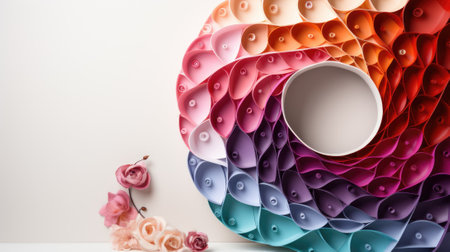 A white bowl sitting on top of a table next to flowers. Generative AI image.の素材