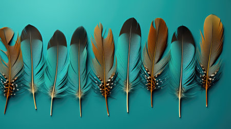 A row of different colored feathers on a blue background. Generative AI image.の素材