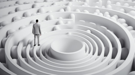 A man standing in a maze of white circles. Generative AI image.の素材