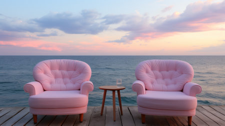 Two pink chairs sitting on a wooden dock next to the ocean. Generative AI image.の素材
