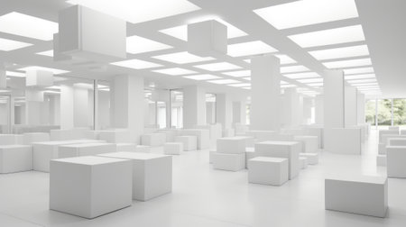 A white room with a lot of boxes on the floor. Generative AI image.の素材
