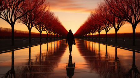A person walking down a long walkway with trees in the background. Generative AI image.の素材