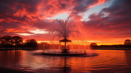 A fountain with a gazebo in the middle of a lake at sunset. Generative AI image.の素材