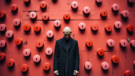 A man standing in front of a red wall covered in numbers. Generative AI image.の素材
