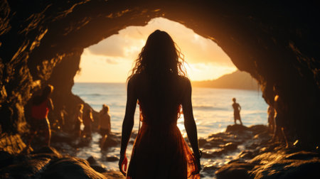 A woman in a red dress standing in a cave. Generative AI image.の素材