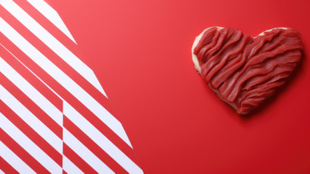 A heart shaped cookie sitting on top of a red surface. Generative AI image.の素材