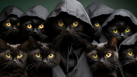 A group of black cats with yellow eyes. Generative AI image.の素材