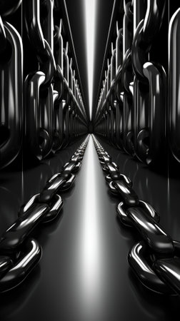 A black and white photo of a train with chains. Generative AI image.の素材