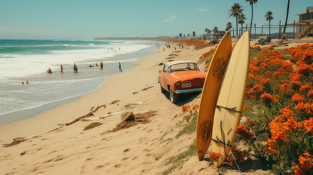 A car parked on the beach next to a surfboard. Generative AI image.の素材