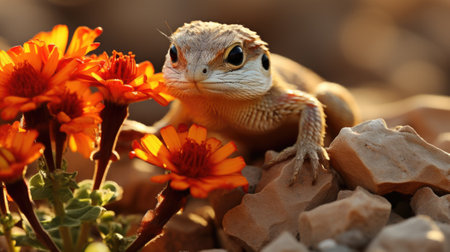 A lizard sitting on top of a pile of flowers. Generative AI image.の素材