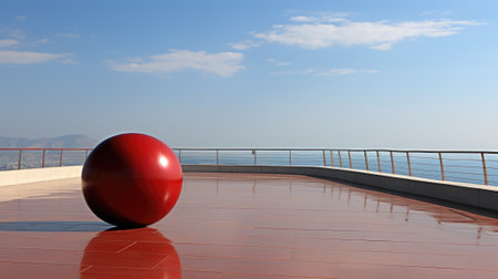 A large red ball sitting on top of a tiled floor. Generative AI image.の素材