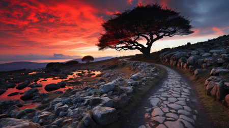 A lone tree stands on the edge of a rocky path. Generative AI image.の素材