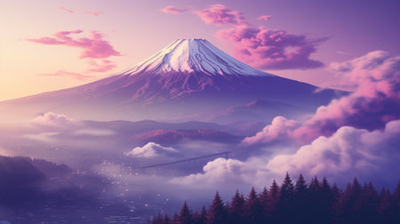 A picture of a mountain with a bridge in the foreground. Generative AI image.の素材