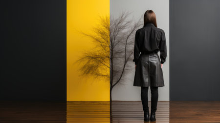 A woman standing in front of a yellow wall. Generative AI image.の素材