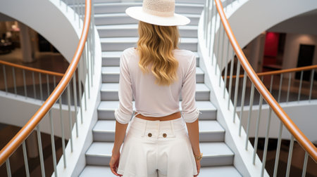 A woman in a white hat and white pants. Generative AI image.の素材