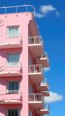 A tall pink building with balconies and balconies on the balconies. Generative AI image.の素材